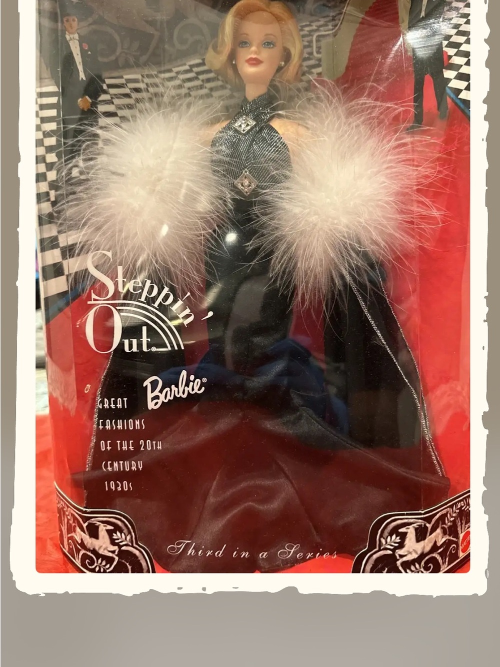 Barbie Black and White Feathered Evening Gown 1930’s fashion.